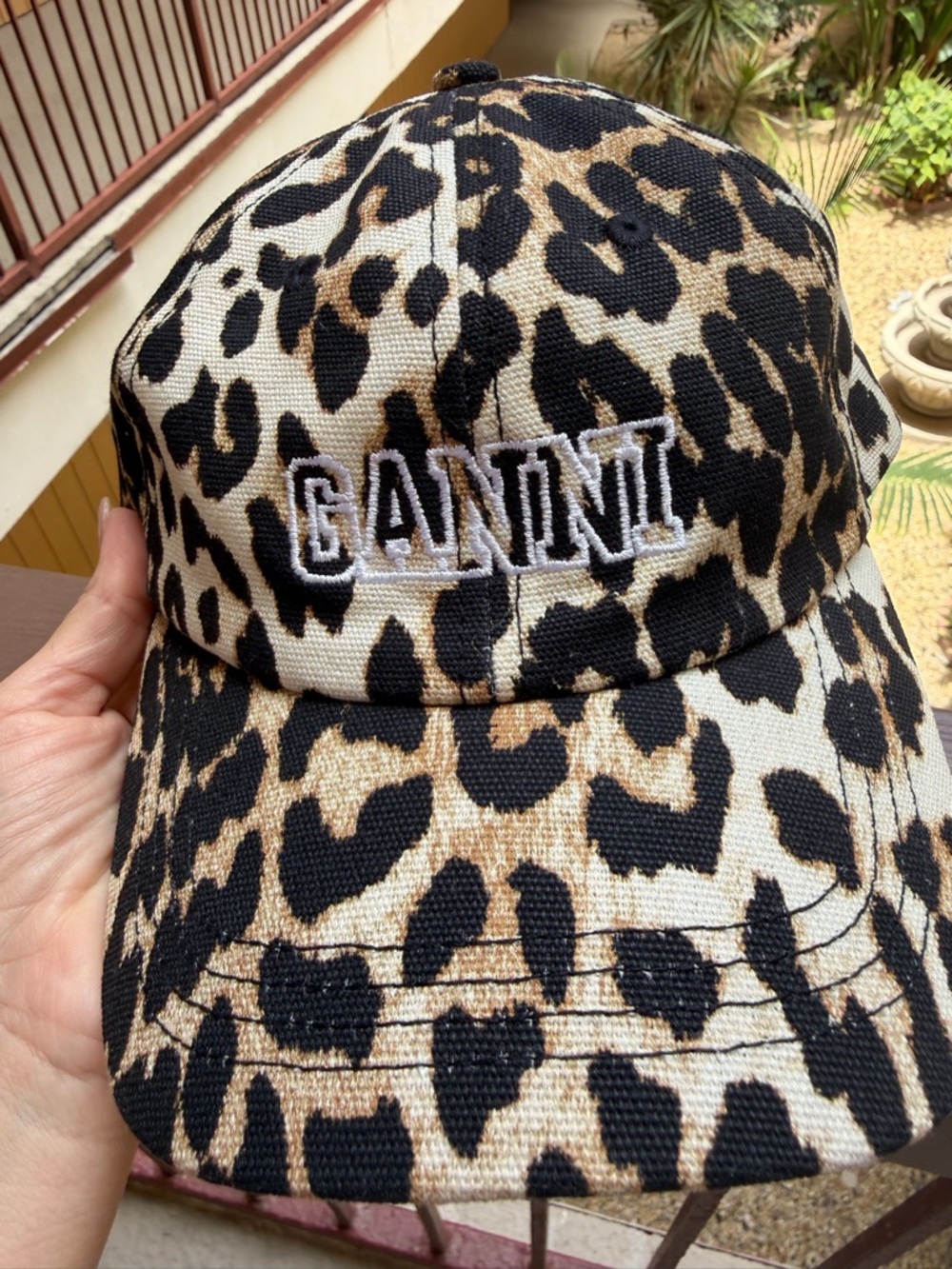 GANNI Leopard Print Cotton Canvas Logo Baseball Cap